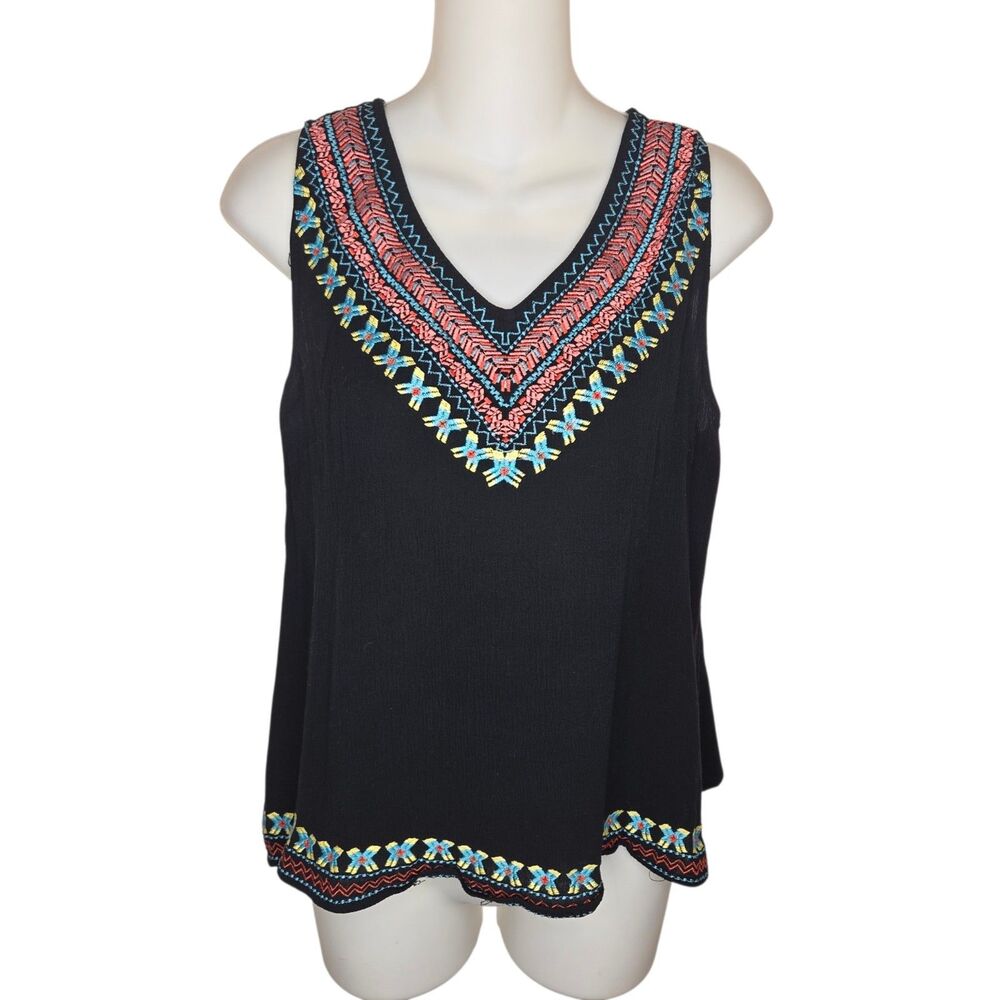 Skies Are Blue Black Lace Back Embroidered V-Neck Tank Top - Size Large
